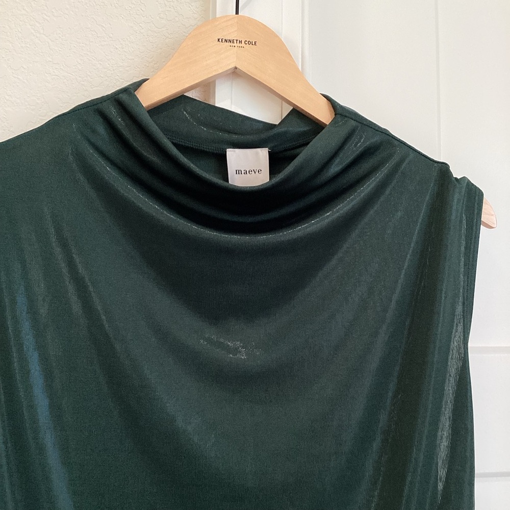 Anthropologie Mock-Neck Ruched Dressy Shine Sleeveless Blouse Maeve XL Green NWT - Picture 7 of 13